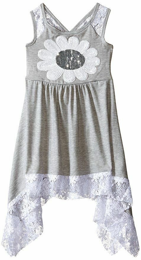 NWT Bonnie Jean Sequin Daisy Flower Girls Grey Sharkbite Lace Hem Dress 7 12 16
