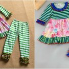 NEW Boutique Girls Green Stripe Floral Pink Ruffle Tunic Dress Leggings Outfit