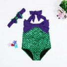 NWT Girls Mermaid Shimmer Green Purple Swimsuit Bathing Suit Headband Outfit Set