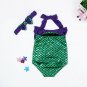 NWT Girls Mermaid Shimmer Green Purple Swimsuit Bathing Suit Headband Outfit Set