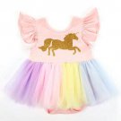 NWT Gold Unicorn Baby Girls Rainbow Tutu Short Sleeve Pink Romper Dress