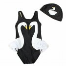 NEW Girls Swan Black Ruffle Swimsuit Bathing Suit Swim Cap Set 5 6 7 8