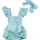 NWT Baby Girl Flamingo Blue Ruffle Romper Bodysuit Jumpsuit Headband Outfit Set