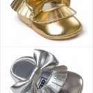 NEW Romirus Girls Gold Silver Bow Tassel Fringe Leather Moccasins Crib Shoes