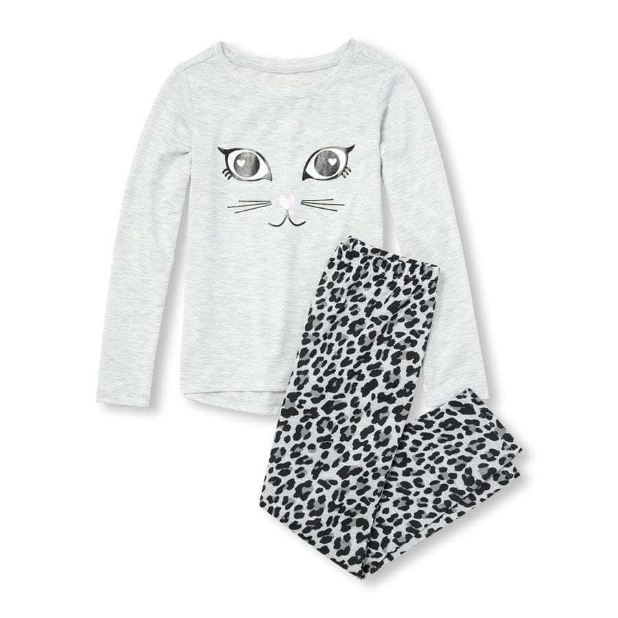 NWT The Childrens Place Girls Cat Leopard Print Long Sleeve Pajamas Set