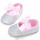 NEW Baby Girls Silver Glitter Pink Bow Ballet Crib Shoes 0-6 6-12 12-18 Months