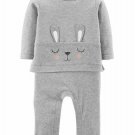 NWT Carters Bunny Rabbit Baby Girls Gray long Sleeve Easter Romper Jumpsuit