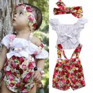 NEW Girls White Shirt Floral Suspender Shorts Shortalls Headband Outfit Set