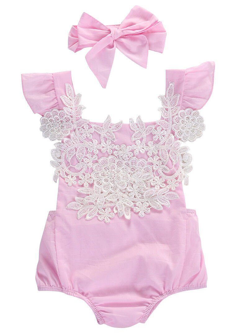 NEW Baby Girls Pink Floral Lace Romper Sunsuit Jumpsuit Headband Outfit Set