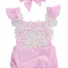 NEW Baby Girls Pink Floral Lace Romper Sunsuit Jumpsuit Headband Outfit Set