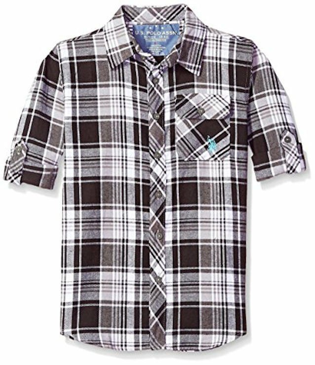 NWT U.S. Polo Assn. Boys Gray Plaid Long Sleeve Flannel Button Down Shirt 5-6 7