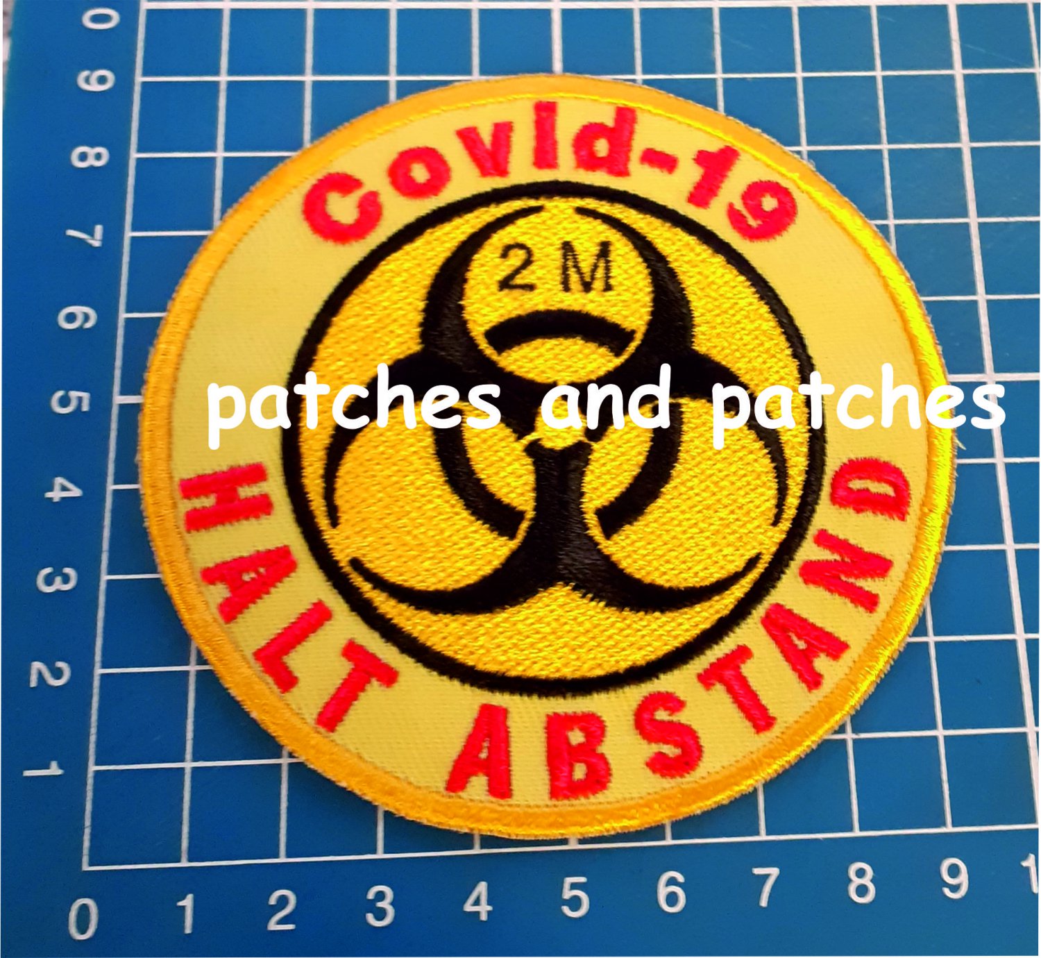 Quarantine Sign 2m KEEP DISTANCE Patch Sew ON Covid Halt Abstand Corona 19