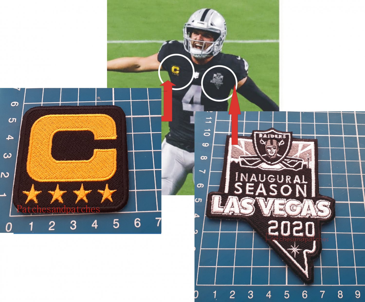 OAKLAND RAIDERS CAPTAIN C PATCH + 2020 LAS VEGAS INAUGURAL NFL FOOTBALL USA 2pcs