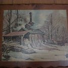 Solid wood picture winter scene with cabin