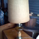 Table Lamp Wood/Brass Finish with Amber glass center with tweed shade