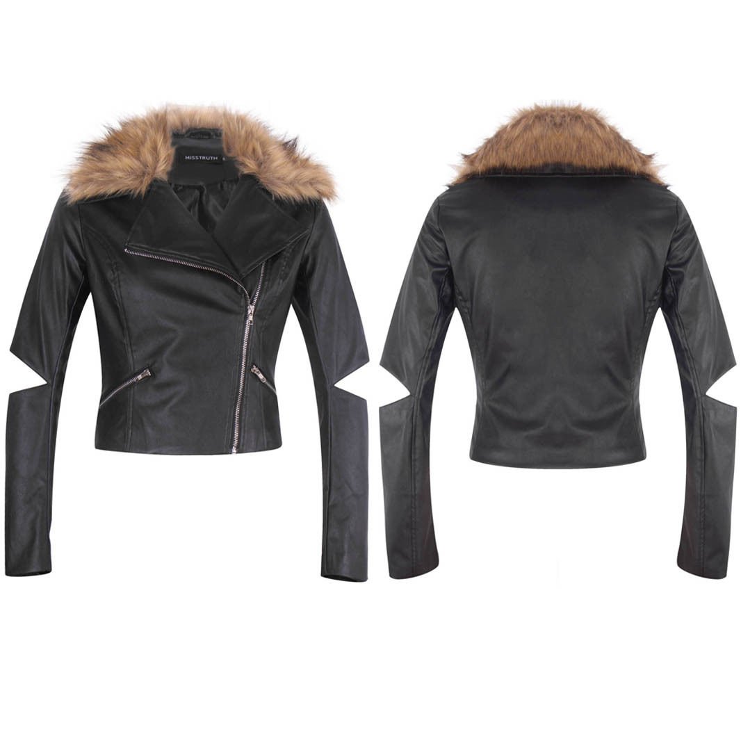 Women PU Faux Leather Bomber Side Zip Fur Collar Biker Black Jacket