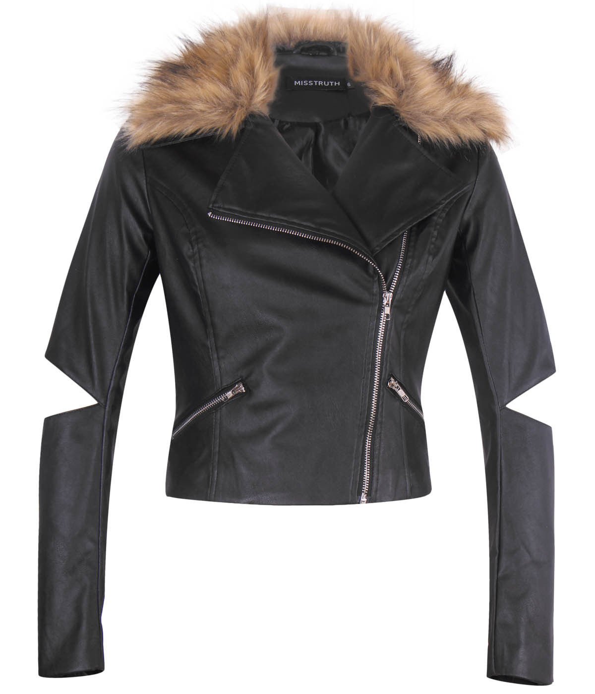 Women PU Faux Leather Bomber Side Zip Fur Collar Biker Black Jacket ...