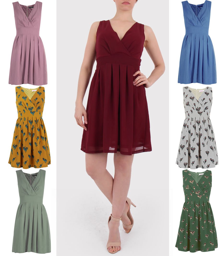 Women Pleated A Line Skirt Print Sleeveless Wrap V Neck Dress Tunic UK ...