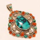 Natural Blue Turquoise & Red Coral Gemstone 925 Sterling Silver Vintage Pendant