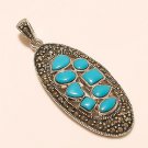 925 Sterling Silver Sleeping Beauty Turquoise Marcasite Turkish Jewelry Pendant