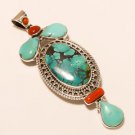 Natural Blue Turquoise & Red Coral Gemstone 925 Sterling Silver Tribal Pendant
