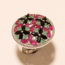 Natural Emerald Ruby Sapphire 925 Sterling Silver Women Cocktail Jewelry Ring AA