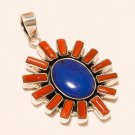 Natural Lapis Luzali & Red Coral Gemstone 925 Sterling Silver Vintage Pendant AA