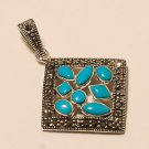 925 STERLING SILVER BLUE SLEEPING BEAUTY TURQUOISE SWISS MARCASITE FINE PENDANT