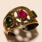 925 Sterling Silver Ruby Emerald Antique Gold Work Women Handcuff Fine Jewelry