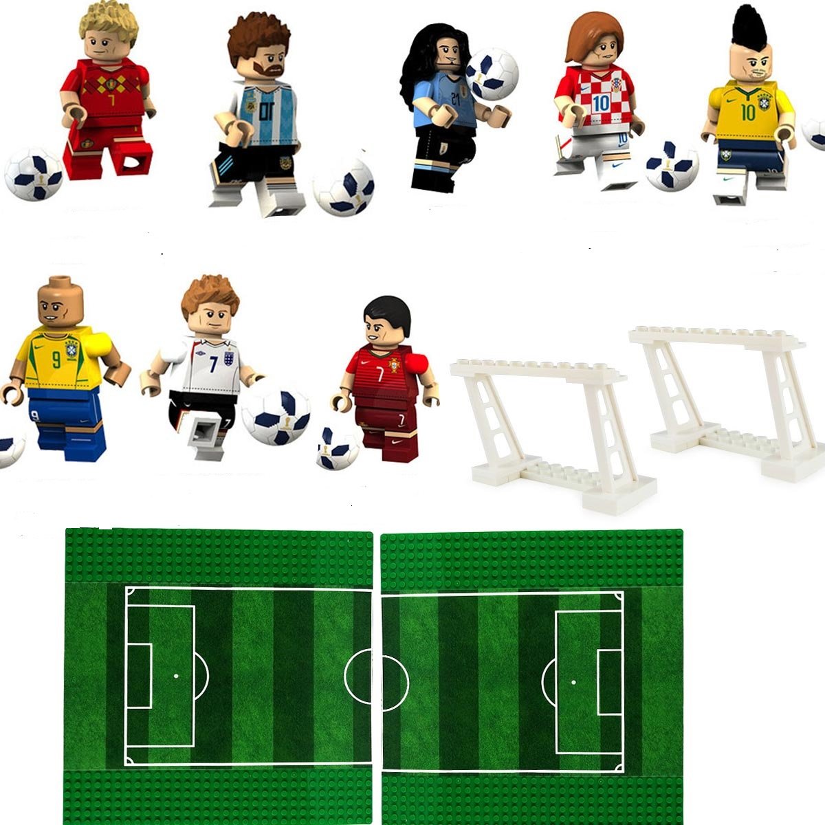 SOCCER Field World Cup Messi Neymar Ronaldo Modric De Bruyne Cruijff Minifigures