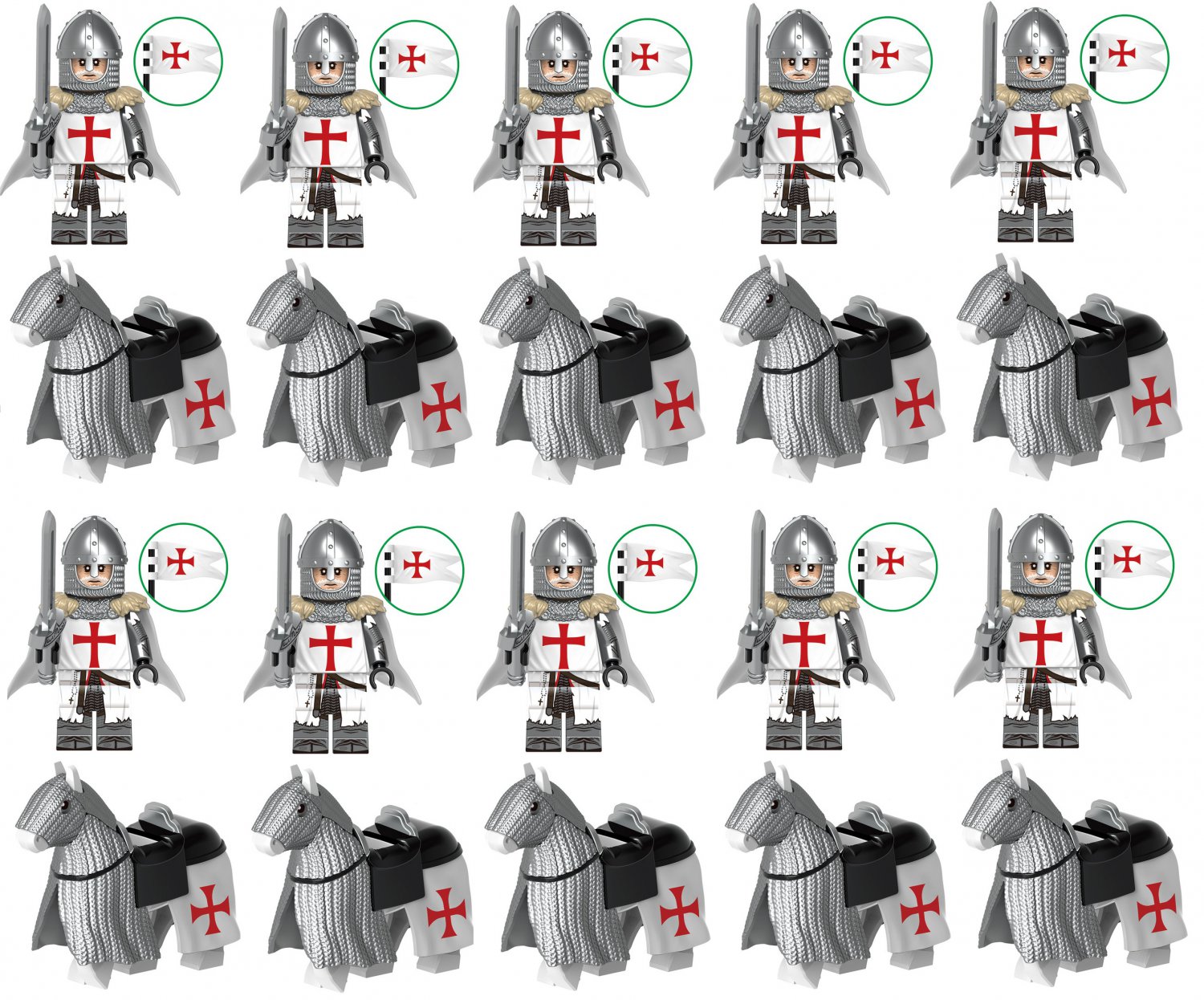 20pcs Medieval Knights Templar Army Soldiers Horses Minifigures