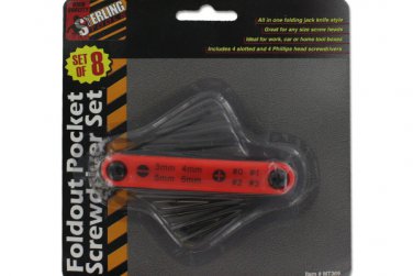 Fold-out pocket screwdriver with eight screw heads