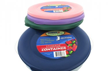 Three-section round storage container with lid (assorted colors)