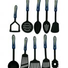 Nylon kitchen utensils with blue and silver handles, assorted