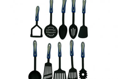 Nylon kitchen utensils with blue and silver handles, assorted