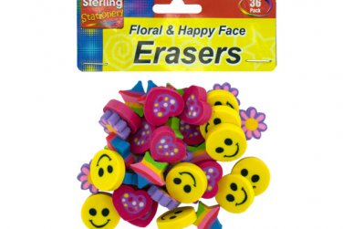 Flower and happy face erasers