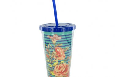 Portable Floral Beverage Cup with Straw