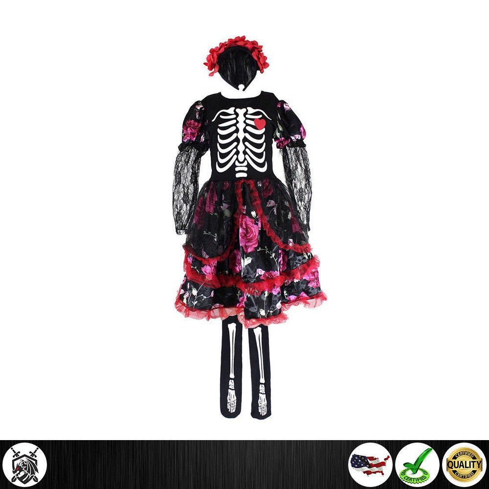 Girls Skeleton Costume Kids Halloween Fancy Dress Day Of The Dead Cosplay