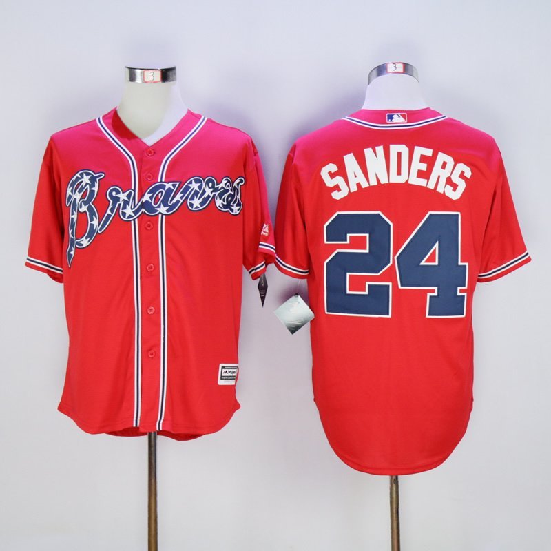 Mens 2017 Atlanta Braves 24 Deion Sanders Red Majestic Cool base Jersey