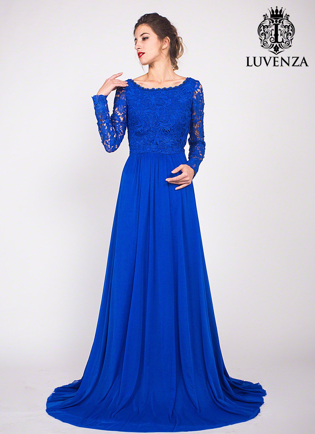 Royal Blue Floor Length Lace Evening Gown with Rhinestone Embellishment