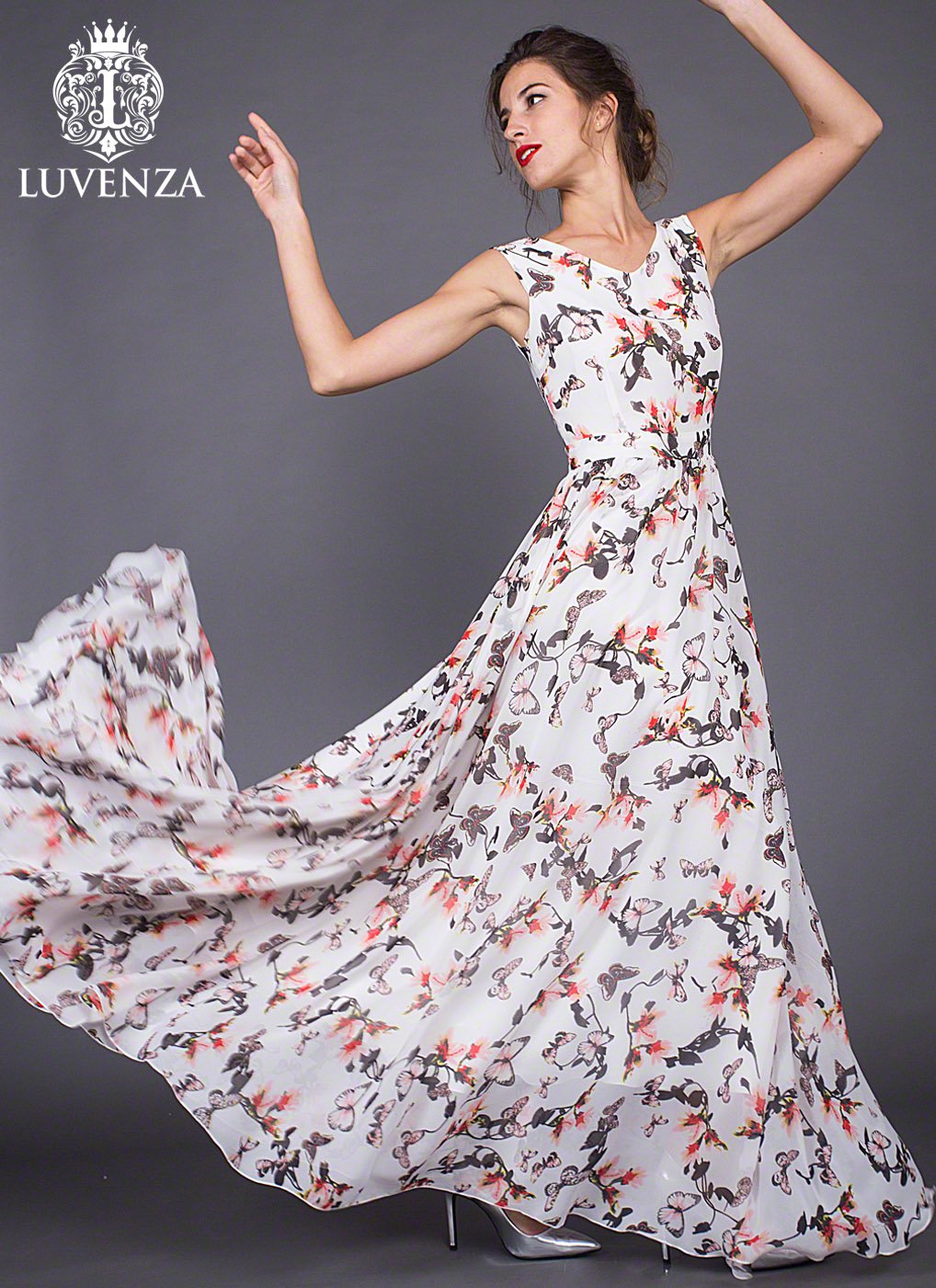 Long White Chiffon Maxi V Neck Sundress with Pink and Grey Butterfly Print