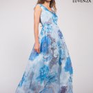 Sleeveless Blue Flower Print Mulberry Silk Chiffon Evening Dress