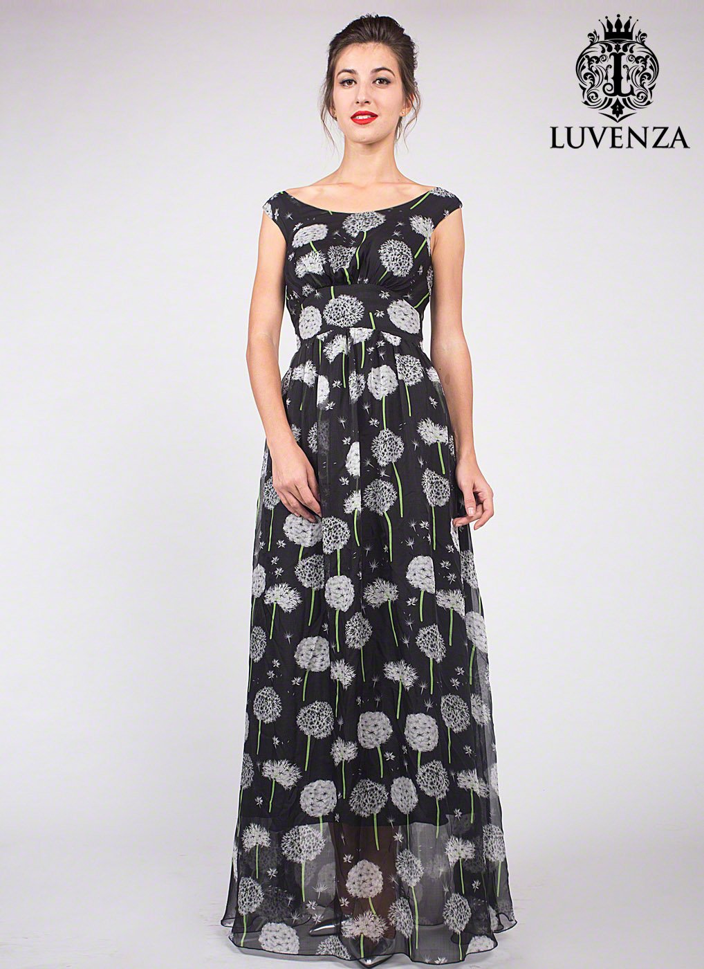 Black Silk Chiffon Dandelion Print Maxi Dress with Empire Waist