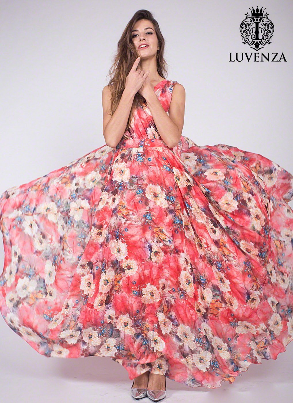Red Floral V Neck Chiffon Maxi Dress Dance Dress with Long Flowing Skirt