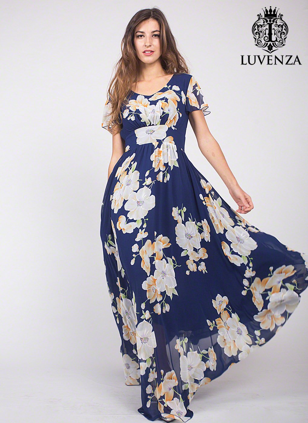 Dark Blue Chiffon Maxi Length Evening Dress with Large White Floral Print