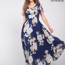 Dark Blue Chiffon Maxi Length Evening Dress with Large White Floral Print