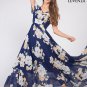 Dark Blue Chiffon Maxi Length Evening Dress with Large White Floral Print