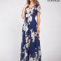 Dark Blue Chiffon Maxi Length Evening Dress with Large White Floral Print