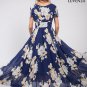 Dark Blue Chiffon Maxi Length Evening Dress with Large White Floral Print