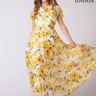 Sleeveless White and Yellow Lemon Print Chiffon Maxi Length Cocktail Dress